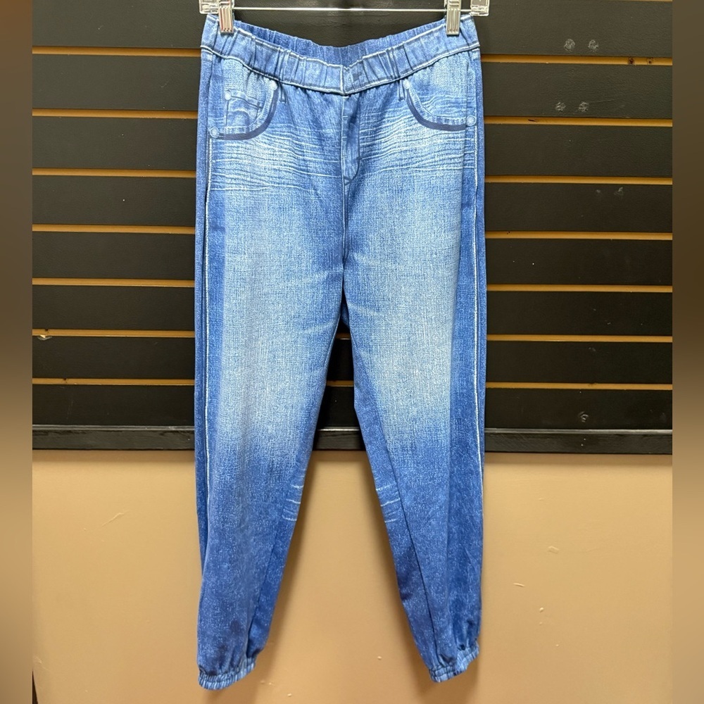 ZYIA Active Faux Denim Joggers Medium Blue Stretch Jean Look Athleisure Pants
